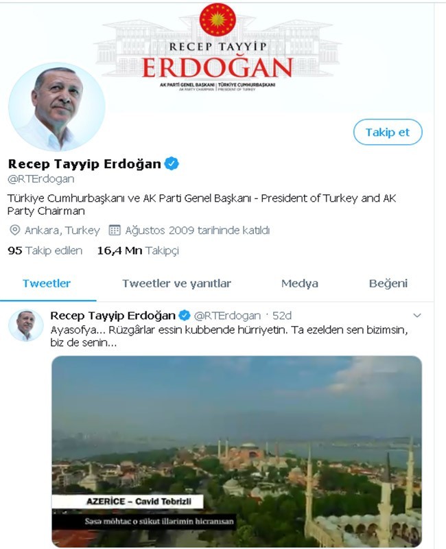 Cumhurbaşkanı Erdoğan'ın “Ayasofya” paylaşımı ilgi gördü. -videolu haber-