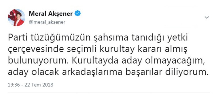 İYİ Parti Genel Başkanı Akşener: “Kurultayda aday olmayacağım”