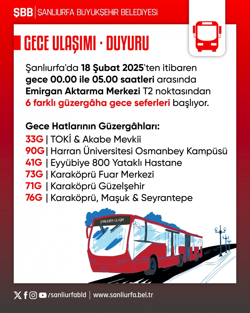 ŞANLIURFA’DA GECE ULAŞIMI BAŞLIYOR: 6 FARKLI GÜZERGÂHA SEFER DÜZENLENECEK