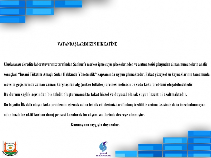 ŞUSKİ'DEN İÇME SUYU İLE İLGİLİ ÖNEMLİ AÇIKLAMA